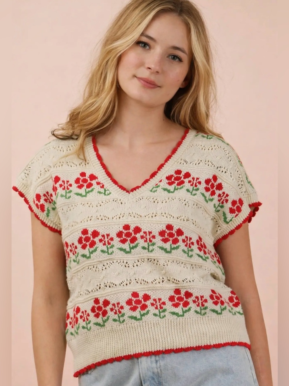 Very J Cream Knit Floral Short-Sleeve Sweater Top